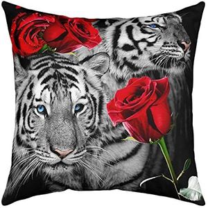 Set van 2 kussenslopen met tijger, romantische bloemen, rode bloemen, plant wilde dieren, kussensloop, casual decoratieve kussenslopen, voor bed, binnen, kantoor, 45 x 45 cm
