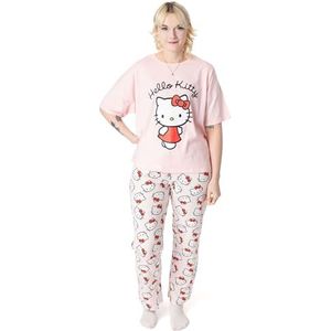 Hello Kitty damespyjamaset | Kitty witte top met korte mouwen en pyjamabroek met lange pijpen voor volwassenen in roze | Dames schattig katje karakter all-over print nachtkleding
