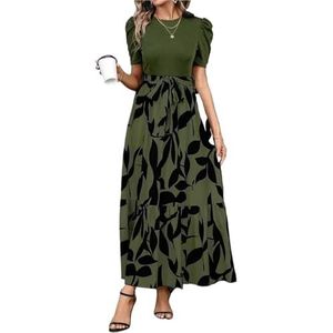Lange bloemenjurken for dames, ronde hals, korte mouwen, A-lijn jurk met riem, zwierige maxi-jurk(Army green,XXL)