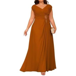 Dames chiffon moeder van de bruid jurk voor bruiloft ruches galajurken cocktailjurk plus size, Verbrand Oranje, 32