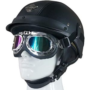 Motorhelm Duitse Stijl Leren Helm Met Bril ECE-Goedgekeurde Vintage Pet Halve Helm Volwassen Mannen Vrouwen Open Gezicht Retro Helm Voor Scooter Bromfiets Street Cruiser A,L/(59~60cm)