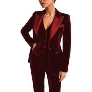 3 Stuk Fluwelen Pantsuits Voor Vrouwen Formele Party Blazer Dames Business Office Smoking Werkkleding Suits, Bordeaux, XS
