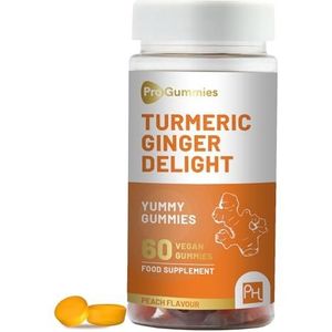 Kurkuma- en gembergummies | 60 Veganistische Pro Gummies | Natuurlijke perziksmaak | Overheerlijke gummies voor algehele gezondheid en welzijn van Prowise