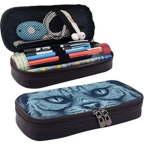 RLDOBOFE Etui Lederen Potlood Pouch Grote Capaciteit Briefpapier Tas Met Compartimenten Dubbele Rits Blauwe Kat Hoofd Patroon Potlood Doos Organizer voor Mannen Vrouwen Potlood Houder voor Kantoor