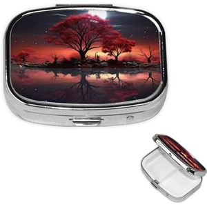 Pillendoosje pillendoosje 2 compartimenten kleine pillenorganizer voor portemonnee en zak reizen pillendoos rode boom meer maan schattige medicijnorganisator pillenhouder om vitamines visolie vast te