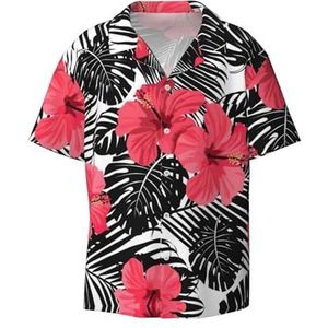 TyEdee Rode hibiscusprint heren korte mouw overhemden met zak casual button down shirts business shirt, Zwart, XXL