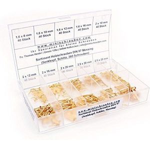 Assortimentsdoos met 360 stuks kleine houtschroeven volgens DIN 97 van messing (vanaf 1,6x8mm), sleuf, verzonken kop. Minischroeven assortiment incl. gelabelde doos