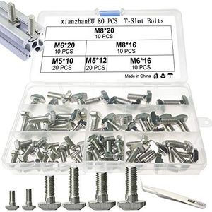 xianzhanEU 80 STKS M5/M6/M8 T-sleufbouten, hoogwaardig koolstofstaal T-boutset schroefboutbevestigingstool met 1 × pincet + 1 × opbergdoos