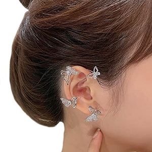 Ear Bone Clip Earrings - Single Hollow Diamond Butterfly Earrings - Ear Bone Clip for Women | Sparkling Non-pierced Ear Clips Gruwkue