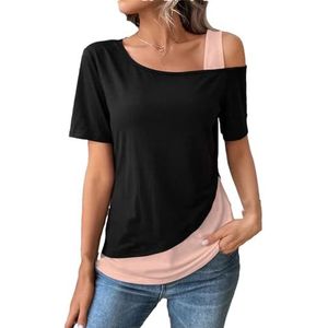 Tdvcpmkk Dames V-hals kleurblokkering korte mouwen off-shoulder asymmetrisch T-shirt zomer casual T-shirt, Pnnrk Zwart, XL