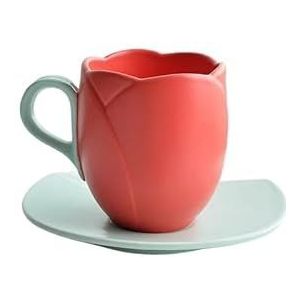 BLacOh Mokken 280/300 ml bloem merk keramische kop en bord set vintage tulp koffiekop prachtige roze rode middag theekop koffiemokken (maat: 200-400 ml, kleur: rood)
