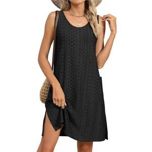 Badpakken for dames, mouwloze strandjurk, badpakken met bandjes en oogjes(Black,XXL)