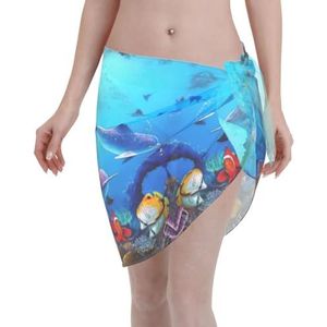 Blauwe oceaanprint elegante strandwrap, bikini cover-up, badkleding jurk, voor vrouwen, perfect voor zwembad en resort, Zwart, one size