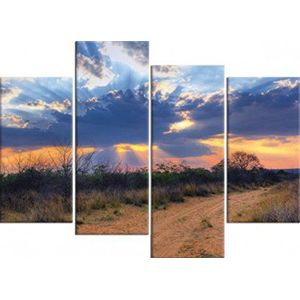 1art1 Zonsondergangen Poster Kunstdruk Op Canvas Rays Of Sun Shining Through The Clouds, Waterberg National Park, Namibia, 4 Parts Muurschildering Print XXL Op Brancard | Afbeelding Affiche 120x80 cm