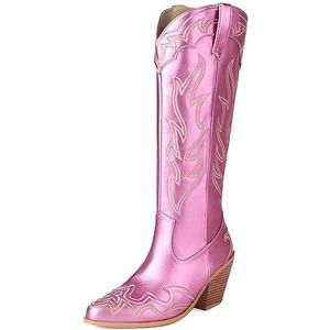 SJJH Modieuze kniehoge cowboylaarzen voor dames met puntige kant en lage blokhak - retro cowboylaars-design, roze 2, 36 EU