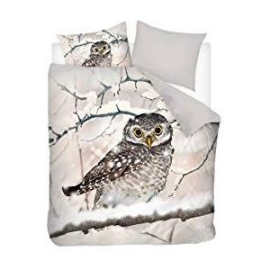 Snoozing Snowy Owl - Flanel - Dekbedovertrek - Tweepersoons - 200x200/220 cm + 2 kussenslopen 60x70 cm - Zand