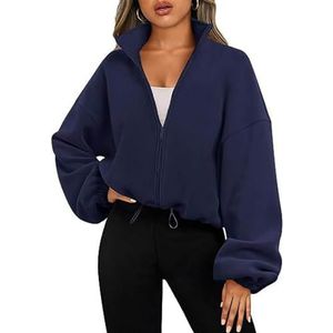 LJCM Fleecejas, casual ritssluiting, elastische taille, modieus fleecejack met trekkoord, kort voor outdoor-activiteiten voor dames, Donkerblauw, M