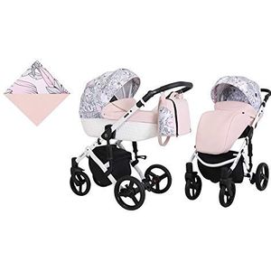 KUNERT Kinderwagen TIARO sportwagen babywagen autostoel babyzitje complete set kinderwagen set 2 in 1 (roze met bloemen, framekleur: wit, 2-in-1)