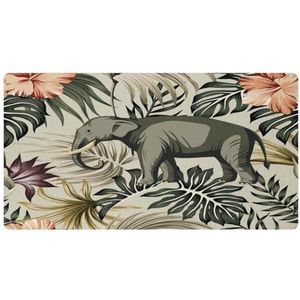 VAPOKF Afrikaanse olifant in tropische hibiscus bloem palmbladeren keukenmat, antislip wasbaar vloertapijt, absorberende keukenmatten loper tapijten voor keuken, hal, wasruimte