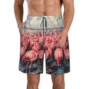 MGGAklp Flamingoprint heren casual shorts elastische taille trekkoord lichtgewicht outdoor zomer strand shorts, Wit, S