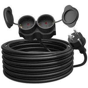 Poppstar 2-voudige Verlengkabel 10m, IP44 voor buiten, 3500W, Stekkerdoos Schuko, Zwart
