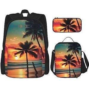 KoNsev Print Rugzak 3 Stks Set Reizen Wandelen Lichtgewicht Laptop Etui Geïsoleerde Lunch Tas voor Vrouwen, Tropische Vogels Plant Blad, Tropische Strand Palm Boom, Eén maat