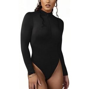 Rongseng Bodyuitstijging voor dames, lange mouwen, sexy rolkraag en V-hals, slim fit, ritssluiting aan de voorkant, stretch, chique overall, casual playsuit