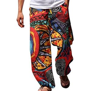 Casual strandbroek voor heren, plus size baggy feestbroek, mode kleurrijk patroon bedrukte festivalbroeken, gym wandelen yoga chino activewear broek, kreukbestendige katoenen linnen broek, Rood, XXL