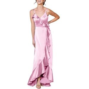 Satijnen bruidsmeisjes jurken voor bruiloft met ruches spaghettibandjes avondjurken, roze, 34