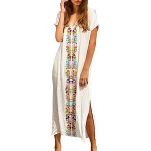 LikeJump Kaftan voor dames, katoenen print, badpak, kimono, bedekkende losse strandjas, maxi-jurk, Wit, one size