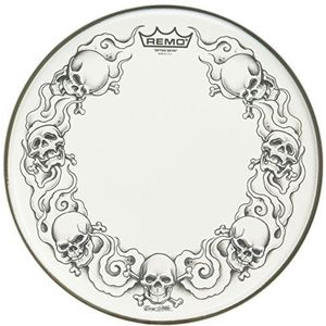Remo Ambassador X Skyndeep Snare Drumhead - Tattoo Skulls On White, 13