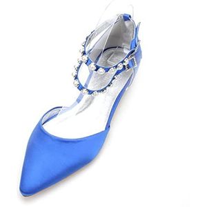 Bruids Schoenen Flats met Parel Enkelbandje Pumps Puntige Teen Satijnen Trouwschoenen Lage Hakken Court Schoenen,Blauw,40 EU