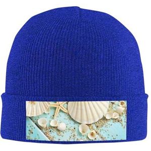 ESASAM Ocean Sea Beach Seashells Zeester Blauw Gebreide Hoed - Acryl Gebreide Beanie met Geribbelde Textuur - Gezellige Winter Hoofddeksels Gebreide Hoed Warme Cap Geïsoleerde Hoed Outdoor