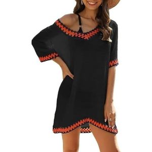Cover Ups Voor Vrouwen Strandkleding Vrouwen Modieuze Losse V-hals Handgemaakte Gehaakte Korte Mouw Colorblock Strand Cover Up Vrouwen Zomer Badpak Cover Up Jurk Badpak Cover Ups Voor Vrouwen (zwart,