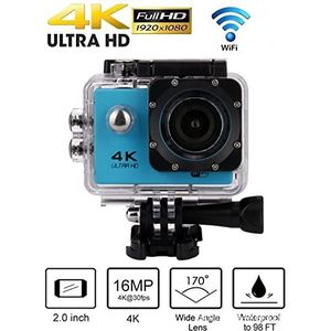 4k ultra Hd Mini Action Camera, 2.0 ""Screen WiFi Sports DV Camera, onderwater waterdichte camera, helmcamera's for motorfietsen(Color:Blue)