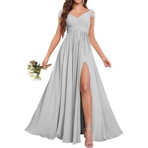 Chiffon bruidsmeisjesjurken voor dames, voor bruiloft, ruches avondgalajurken, cocktailjurken, grote maten, Zilver, 32
