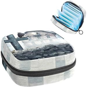 Opbergtas voor maandverband, menstruatiecup zakje, menstruatiezakorganizer voor vrouwelijke pads tampons, raaf op Halloween oude huismuur