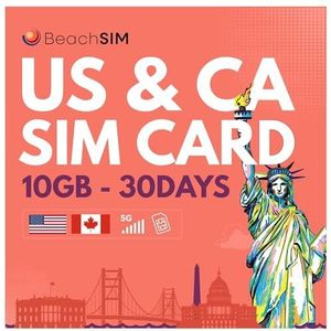 BeachSIM Canada simkaart. 10 GB data met 4G/5G-snelheden. Gratis roaming in de VS. Alleen gegevens SIM. Werkt op iOS- en Android-apparaten. Geldig voor 30 dagen.