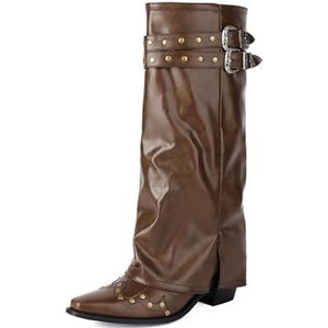 Western Cowboylaarzen For Dames, Vierkante Neus, Blokhak, Ridderlaarzen, Geborduurde Klinknagels, Halfhoge Laarzen For Feestjes, Winkelen Of Dagelijks Gebruik(Dark Brown,38 EU)