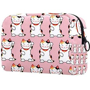 Leuke Japan Lucky Cats Kitty Roze Achtergrond Print Reizen Cosmetische Tas voor Vrouwen en Meisjes, Kleine Make-up Tas Rits Pouch Toiletry Organizer, Meerkleurig, 18.5x7.5x13cm/7.3x3x5.1in, Modieus