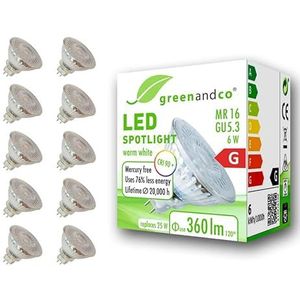 10x greenandco® CRI90+ 3000K 110° LED-spot vervangt 25W GU5.3 MR16, 6W 360lm warm wit 12V AC/DC, flikkervrij, niet-dimbaar