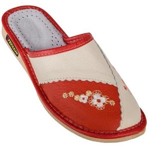 APREGGIO Leren damespantoffels - handgemaakte pantoffels voor dames - comfortabele, warme pantoffels van echt leer - comfortabele slippers voor thuis, rood, 39 EU
