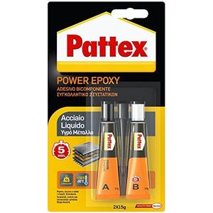 Pattex Power Epoxy vloeibaar staal, metaalkleurige tweecomponentenepoxylijm op basis van epoxyhars, sterke epoxylijm voor metalen en andere materialen, 2 x 15 g