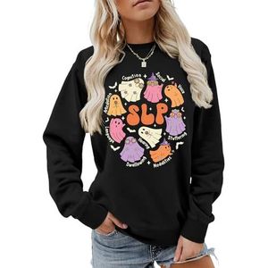 MLZHAN Cognition Social Voice SLP Halloween Ghosts Sweatshirt Vrouwen Gift Herfst Shirts Lange Mouw Harajuku Losse Pullover Tops (XXL, Zwart), Zwart, XXL