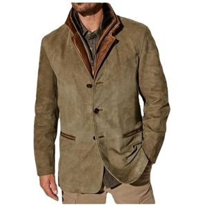Vintage suède jassen voor heren, dubbellaagse blazer met bontkraag, leren kraag, gemiddelde lengte, outdoor blazer voor herfst en winter, Kaki, L