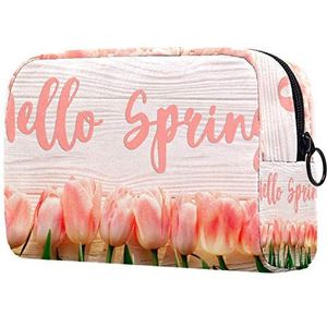 Meisje Cosmetische Tassen Vrouwen Make-up Tas Toilettas Organizer Pouch met Rits 7.3x3x5.1 Inch Hallo Lente Tulp Bloem