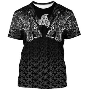 Viking Wolf Tattoo T-shirt Voor Heren, Zomermode Scandinavisch 3D-geprint Rune dierpatroon Ronde Hals Los Casual T-shirt, Retro Punk Keltische Heidense Top (Color : Fenrir C, Size : L)