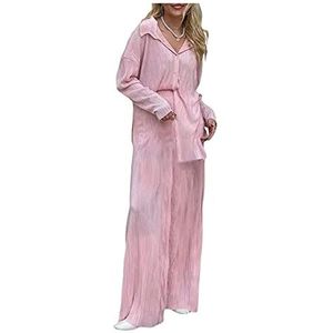 Dames 2-delige Linnen Broekset Zomer Casual Outfits Lange Mouw Button-down Shirt Hoge Taille Broek Wijde Pijpen Broek Sets(Pink,L)