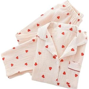 Revers Pyjama Set Voor Dames, Perzik Hart Patroon Twosie Pyjama Set Casual Katoen Lange Mouwen Tops Broek Zacht Nachtkleding Loungewear Lente Herfst Winter,Geel,L