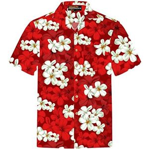 Hawaiihemdshop Hawaïhemd voor heren, katoen, maat S - 8XL, korte mouwen, Hawaiihemd, bloemen, retro, klassiek, hibiscus, Aloha, kokosnootknopen, Hawaiihemd voor heren, Klassiek rood-wit, XXL